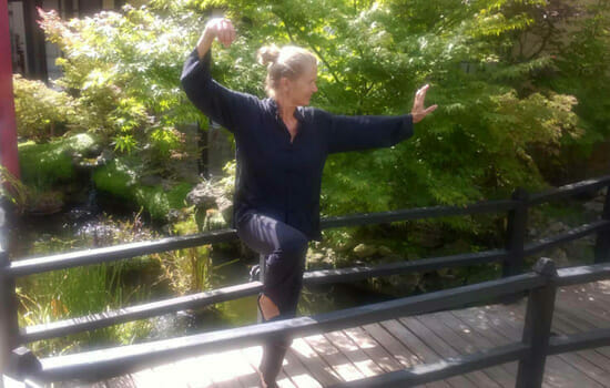 Tai Chi Übung auf Holzsteg im Garten mit Bambus Tai Chi Übung auf Holzsteg im Garten mit Bambus